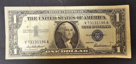 1957 Series One Dollar Bill Silver Certificate Blue Seal Circulated Fair Condition