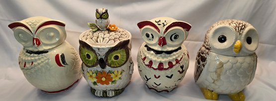 4 Vintage Owl Cookie Jar Lot