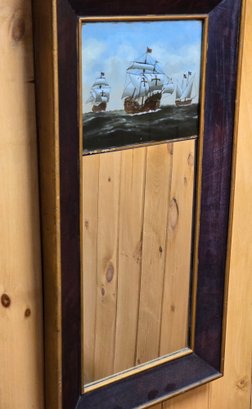 Antique Sheraton Split Mirror, Painted Ship On Ocean Top