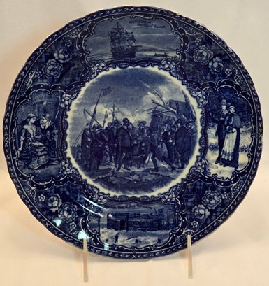 Antique Flow Blue Plate Pilgrims Landing Staffordshire England #6 Blue Plate
