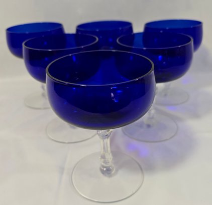 Lot Of 6 Vintage Art Glass Cobalt Blue And Clear Crystal Champaigne Glasses