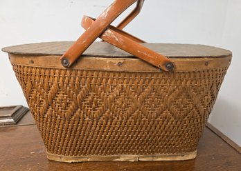 Vintage Wicker With Metal Handles Picnic Basket