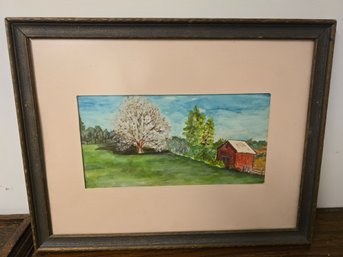 Vintage Unsigned Framed Watercolor Barn Trees, Scenery