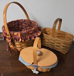 3 Longaberger Baskets2 With Cloth & Plastic Liners 1 With Wood Cover