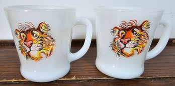 Pair Vintage Fire King Esso Exxon Tiger Anchor Hocking Milk Glass Coffee Cup Mugs