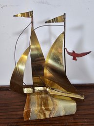 Vintage Mid-Century Brass Sailboat On Marble Base