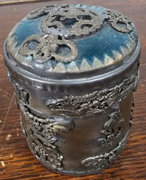 Antique Tibetan Filigree Silver Snuff Box With Jade Inlay