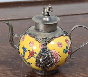 Antique Tibetan Silver & Porcelain Teapot Dragon & Rat