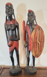 African Art Wood Carvings Women Figure & Male Figure With Spear & Shield(broken Hand See Photos)