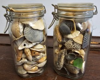 2 Glass Quart Containers Full Of Seashells