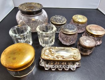 Lot Of Vintage Art Nouveau Covered Glass Vanity Jars