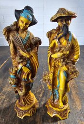 Vintage Pair Of Chinese Man & Woman Carves Resin Figurines Great Detail