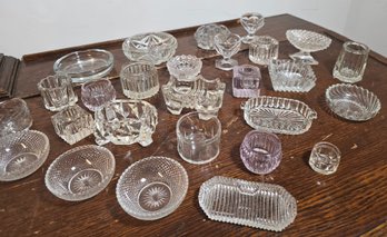 Lot Of Small Glass Dishes And Salt Cellars And One Glass Flower Frog