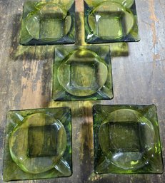 Lot Of 5 Vintage Heavy Green Glass Ashtrays 4.5'