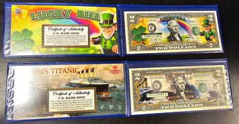 Legal Tender Novelty 2 Dollar Bills 'lucky Bill' & 'RMS Titanic'