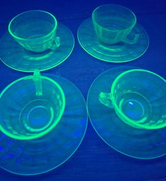 Uranium Glass Teacups & Saucers 4 Sets