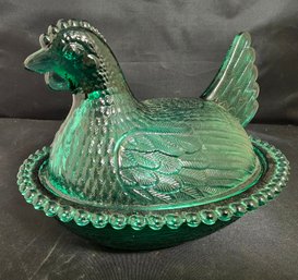 Vintage Teal Green Glass Hen Covered Dish