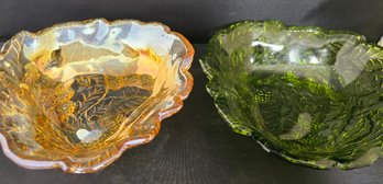 Vintage Marigold Carnival & Green Glass Grapes & Leaves Shallow Candy Dishes