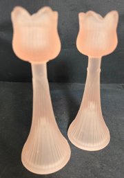 Vintage Westmoreland Pink Frosted Glass Tulip Candlestick Holders