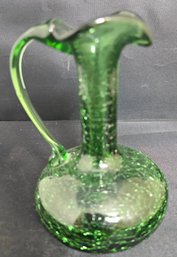 Vintage Hand-Blown Green Crackle Glass Bud Vase Small Pitcher