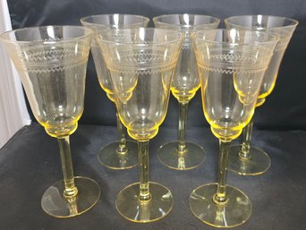 Set Of 6 Vintage Fostoria Yellow Etched Glasses