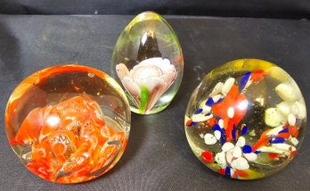 3 Vintage Art Glass Paperweights Flowers