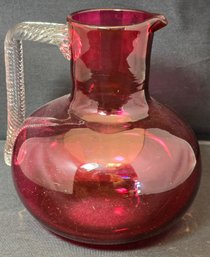 Vintage 6' Tall Cranberry Glass Water Pitcher With Clear Crystal Handle Unmarked (Fenton???)