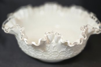 Vintage Fenton Silver Crest Milk Glass Bowl Crimped Top 10'