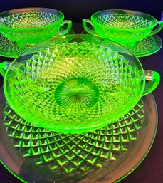 3 Sets Of Vintage Imperial Glass Diamond Quilted Green Uranium Bowls & Bread Plates