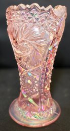 Vintage LE Smith Pink Carnival Glass Comet And Stars Pattern Vase With Sawtooth