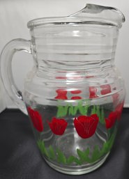 Mid Century Modern Clear Glass Swanky Swig Red Floral Water Pitcher Ice Lip