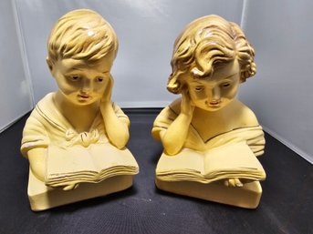 Roman Art Co. Ink Boy & Girl Reading Chalkware Figures