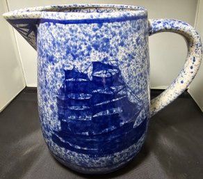 Vintage Country Life By Emporium Of Maine Blue Spongeware Double-sided Ceramic Pitcher