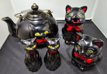 Vintage Black Redware Cat Teapot And Table SetCat Tea Set