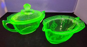 Vintage Uranium Glass Creamer Sugar Set