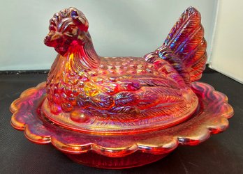 Vintage Red Carnival Glass Hen On Nest Covered Dish