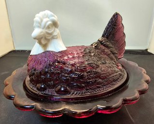 Vintage Moser Amethyst & Milk Glass Head Hen On Nest Covered Dish