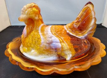 Vintage Moser Amber Slag Glass Hen On Nest Covered Dish