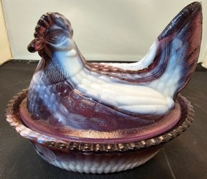 Moser Amethyst Slag Glass Hen On Nest Dish Covered Dish