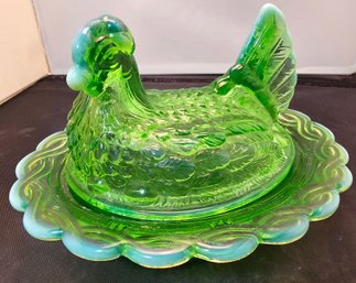 Vintage Moser Green Hen On Nest Covered Dish Turned Head