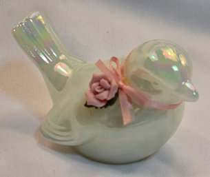 Vintage Fenton Bird Opalescent Glass Bird With Pink Flower