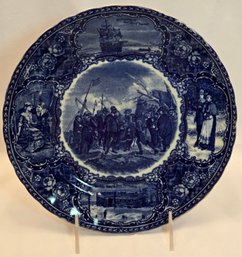 Antique Flow Blue Plate Pilgrims Landing Staffordshire England #6 Blue Plate