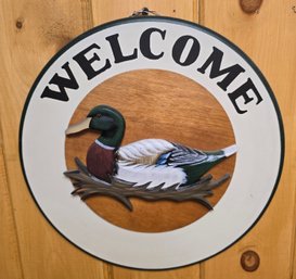 12' Round Welcome Sign Plaque With 3D Carved Duck