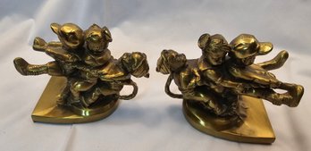 Vintage Pair Of Brass Bookends Children In Tug Of War