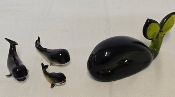 3 Small Porcelain & 1 Glass Whale Lot