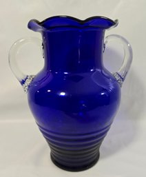 Vintage Cobalt Blue Glass Crystal Vase Ribbed Botton Clear Glass Crystal Handles