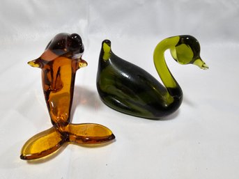 2 Small Glass Figurines Swan And Dolphin