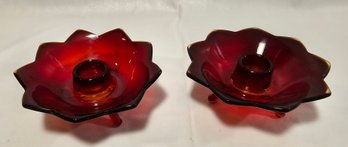 Ruby Red Glass Footed Candle Holders
