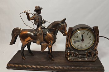 Vintage Sessions Copper Cowboy & Horse Electric Mantle Clock Tested And Working
