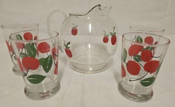 Vintage Glass Pitcher With 4 Juice Glasses